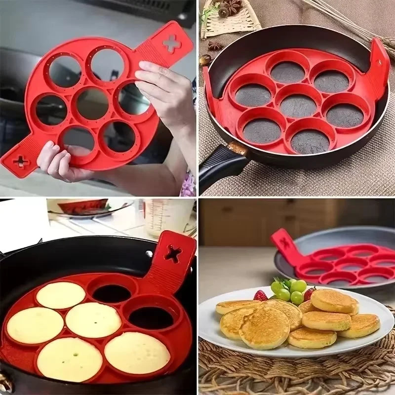 Molde de silicona antiadherente de 7 cavidades para hornear, con mango apto para alimentos, para huevos fritos, tortitas y tortillas, herramienta de cocina para el hogar.
