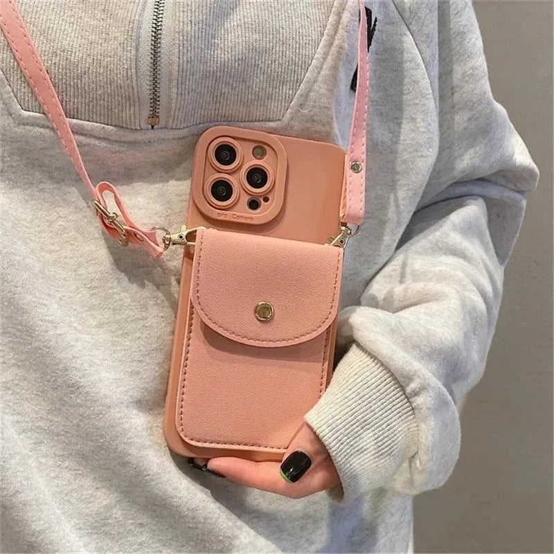 Funda de Lujo para Teléfono con Correa para el Cuello, Tipo Cartera de Cuero, para iPhone 16 Pro 14 11 12 13 15 17 Pro Max Plus, con Ranuras para Tarjetas