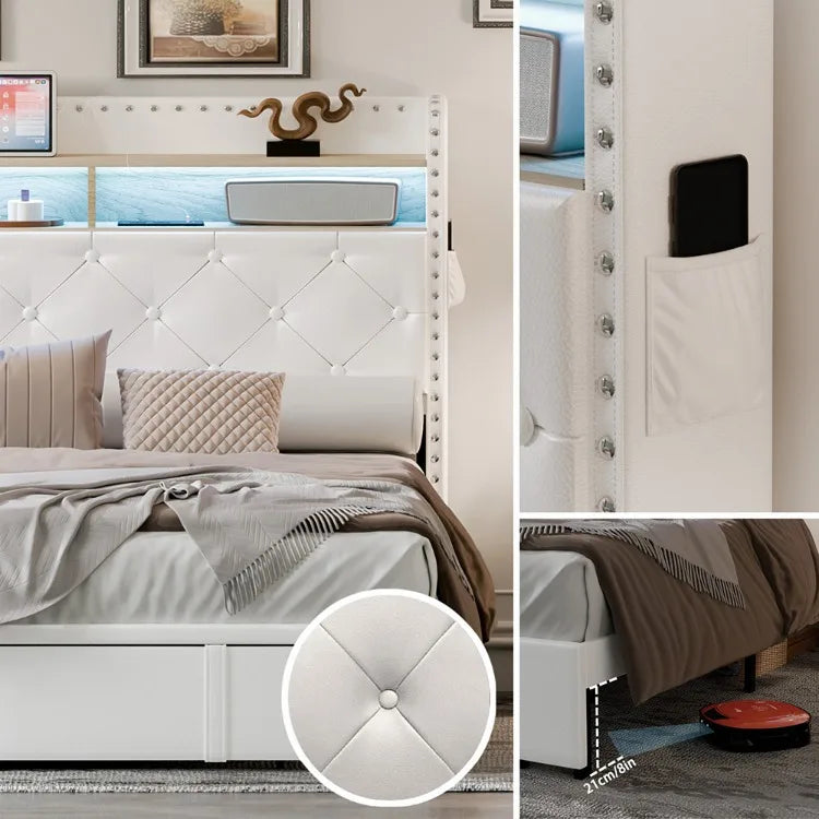 Cabecero de madera, marco de cama, almacenamiento de luces Led, estación de carga, plataforma de Metal regulable, muebles Wingback de estilo moderno