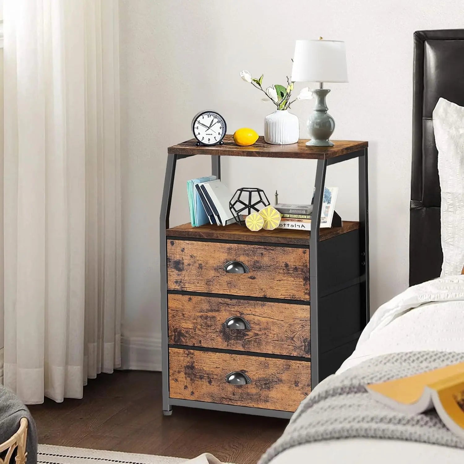 Buro para Recámara, Buró Mesita de Noche con 3 Cajones y Estante de 2 Niveles, Organizador de Tela