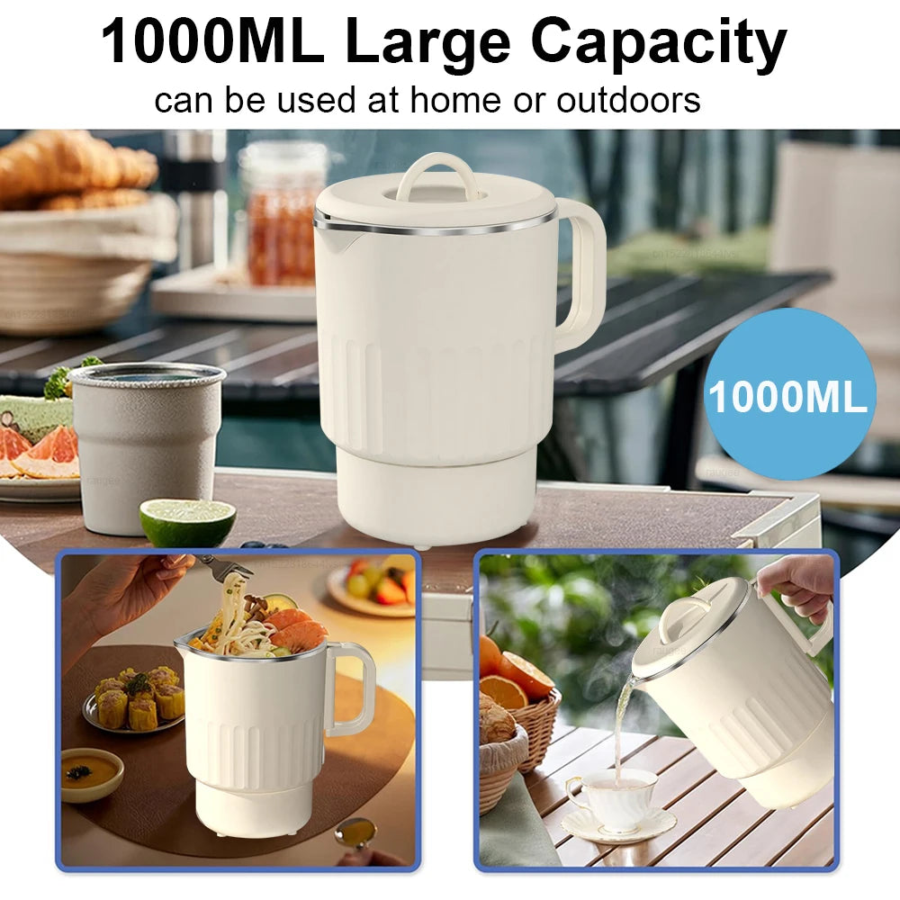 Hervidor de agua eléctrico, Mini hervidor portátil con rejilla para cocinar al vapor, 1000ml, gran capacidad, acero inoxidable, hogar, cocina, oficina, viaje