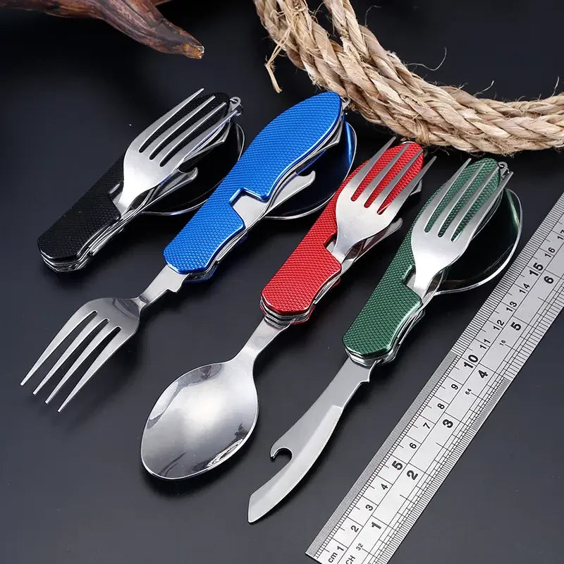 Juego de utensilios de camping plegables 4 en 1, cuchillo multifuncional, tenedor, cuchara, abridor de botellas para supervivencia al aire libre, deportes, camping y senderismo.