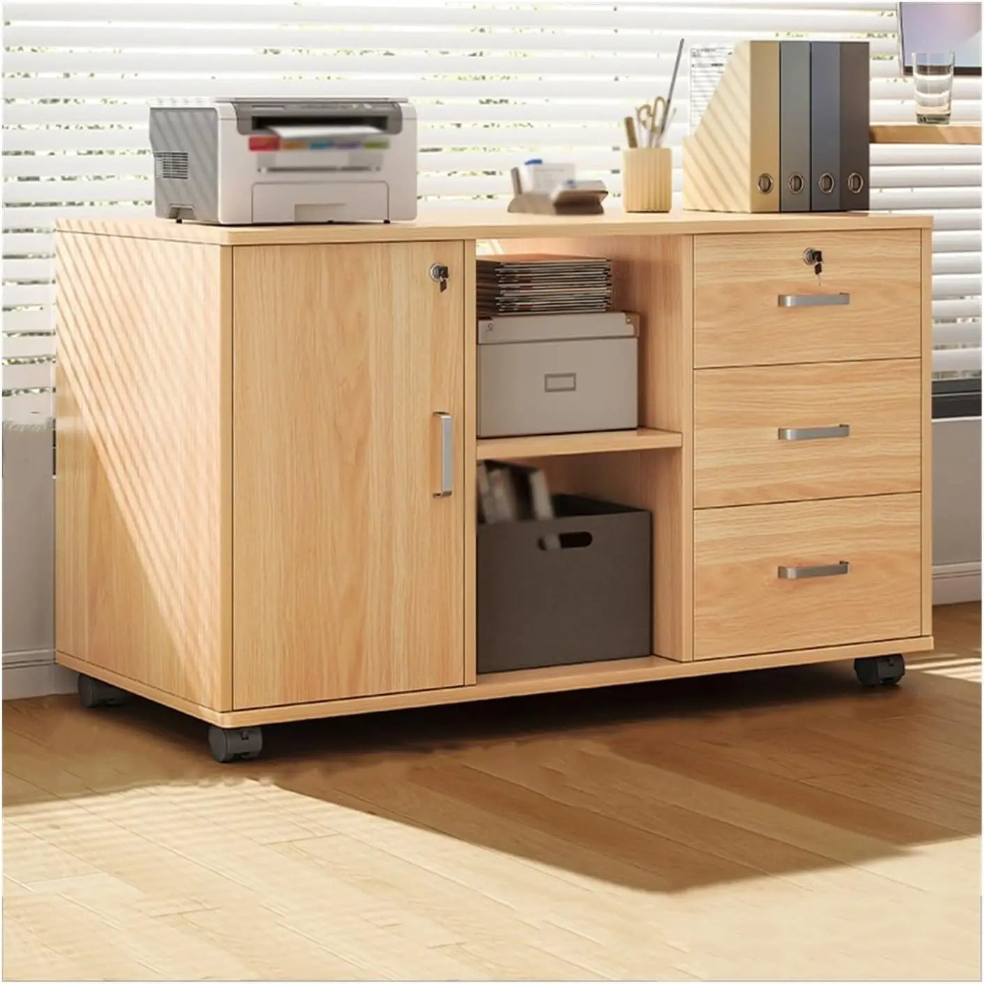 Archivador con 3 Cajones y Puerta con Cerrojo,Multifunción Gabinete de Almacenamiento,Mueble Organizador Bajo Escritorio para Impresora, Estantes Ajustables,Oficina en Casa, 90x34x59cm