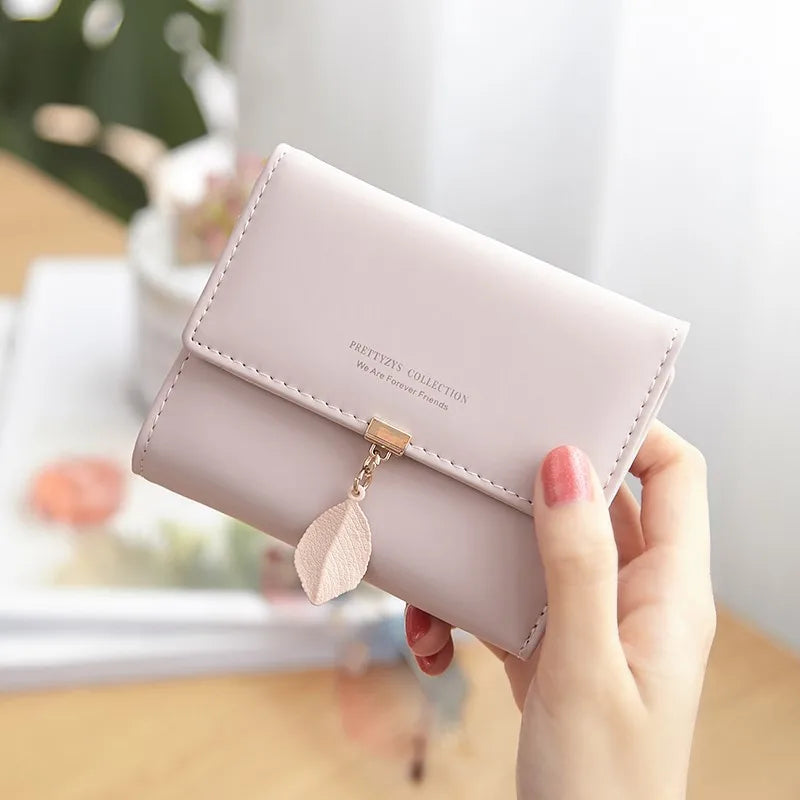 Cartera de mujer con bonita hoja de acordeón, Mini tarjetero, monedero corto a la moda, billetera Simple de color sólido, monedero delgado múltiple