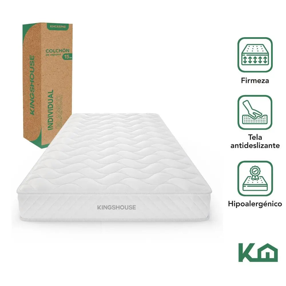 Colchón en Caja Individual Color Blanco Espuma de Alta Densidad 190x100x15 cm Antiácaros e Hipoalergénico Memory Foam, Adaptable