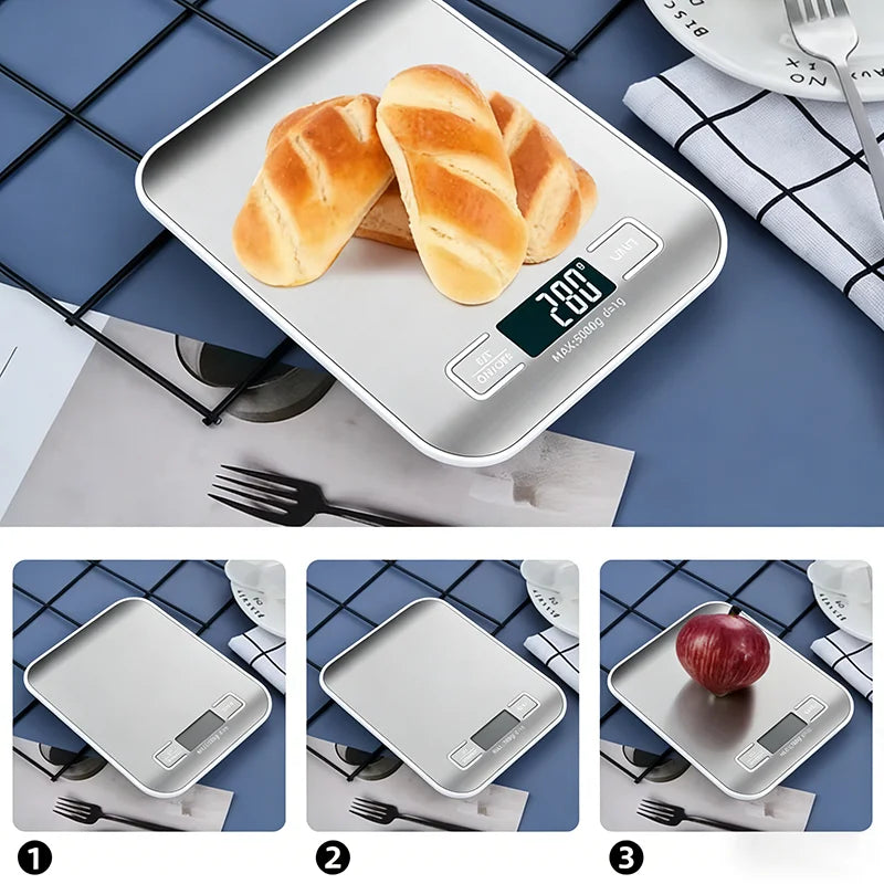 Báscula Digital de Cocina 10/5kg-1g con Pantalla LED, Panel de Acero Inoxidable, Báscula Electrónica para Pesar Alimentos, Snacks y Herramientas de Repostería