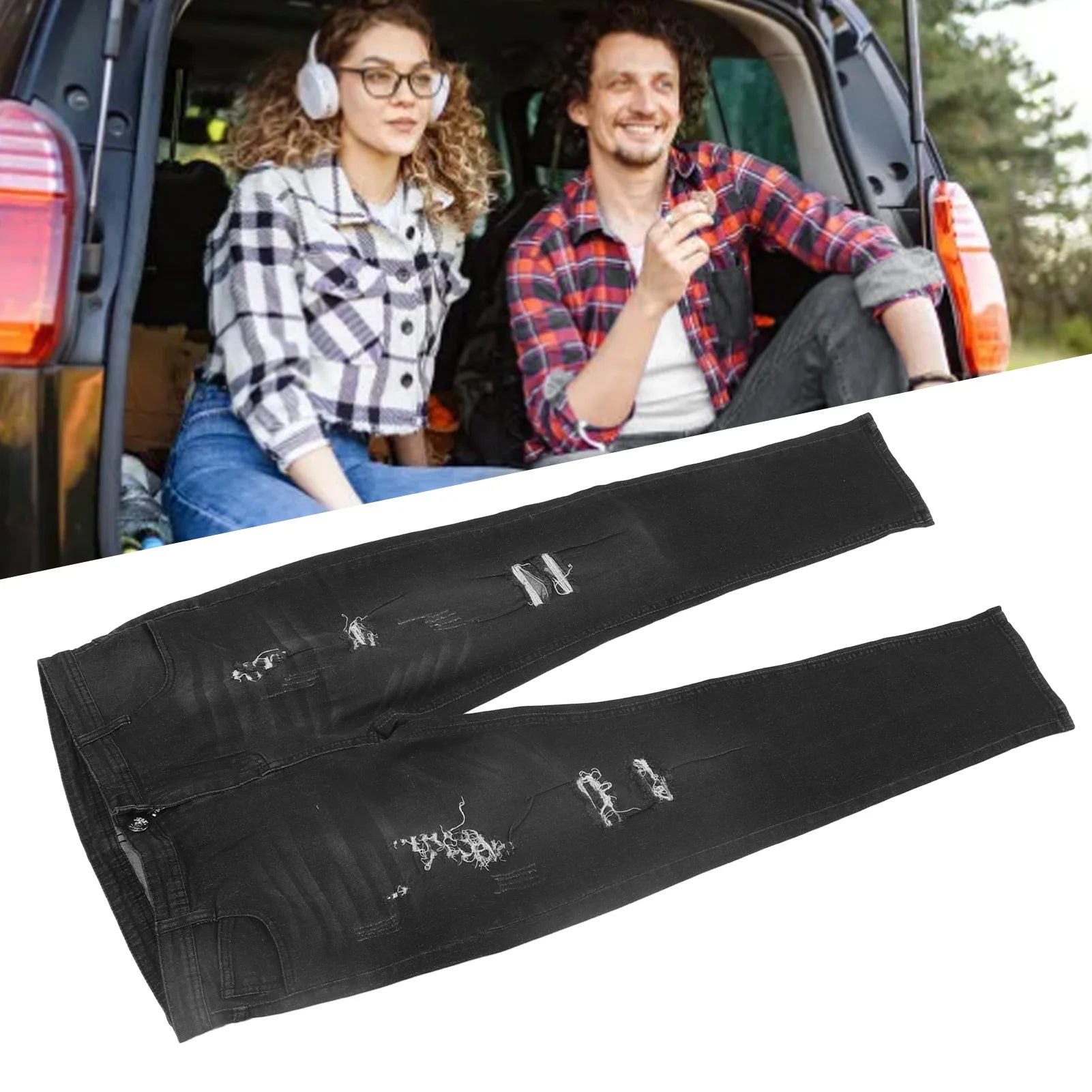 【Venta】Pantalones desgastados para hombre, pantalones ajustados informales con botones y cremallera a la moda con bolsillos para fiesta de viaje
