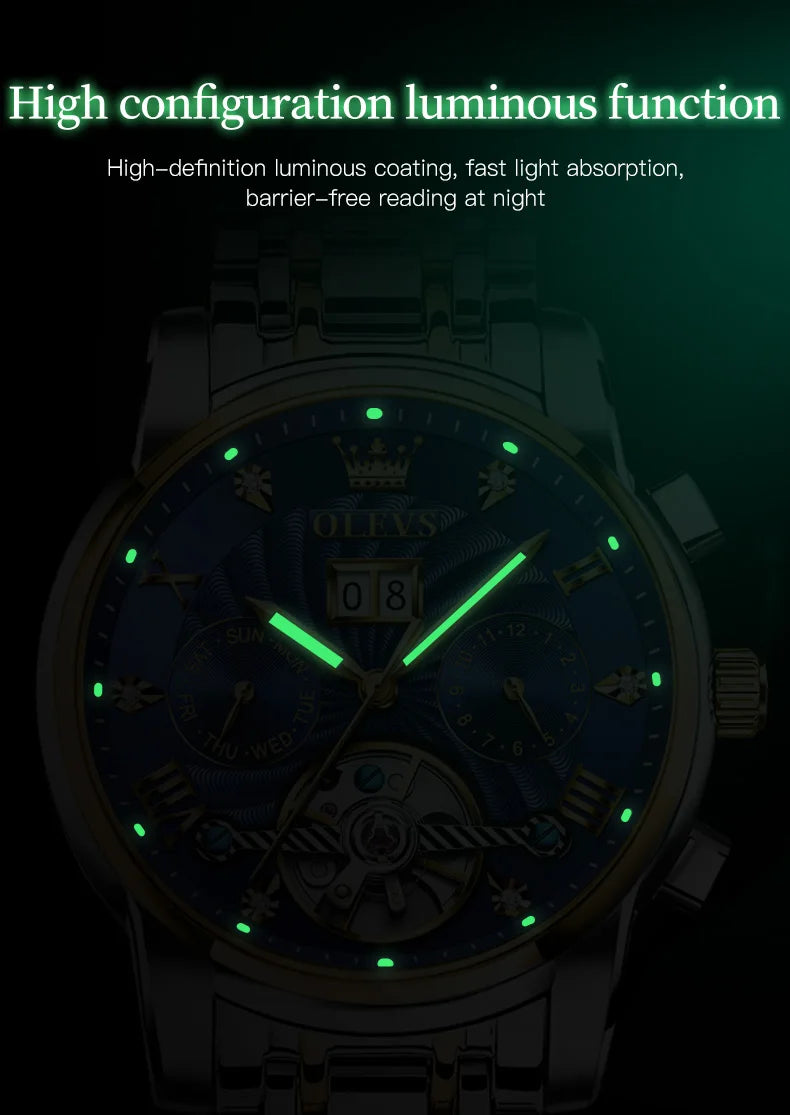 OLEVS 9910 Reloj para hombre Tourbillon de lujo Original Reloj mecánico automático Reloj luminoso resistente al agua con fecha y día con caja Reloj