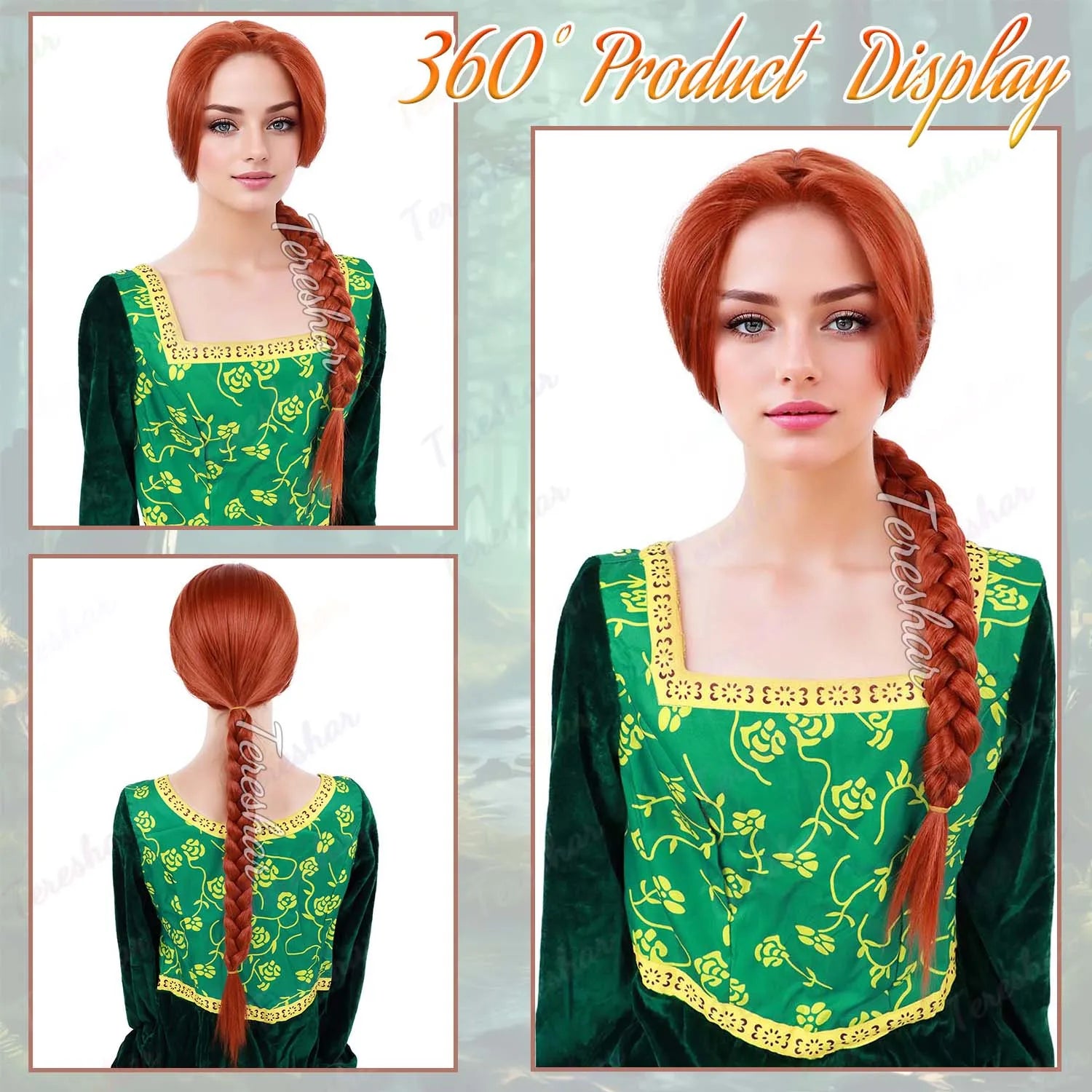 Peluca sintética de pelo de Anime Shrek largo trenzado marrón rojizo resistente al calor para disfraz de Fiona Cosplay para adultos disfraz de Fiona para mujer