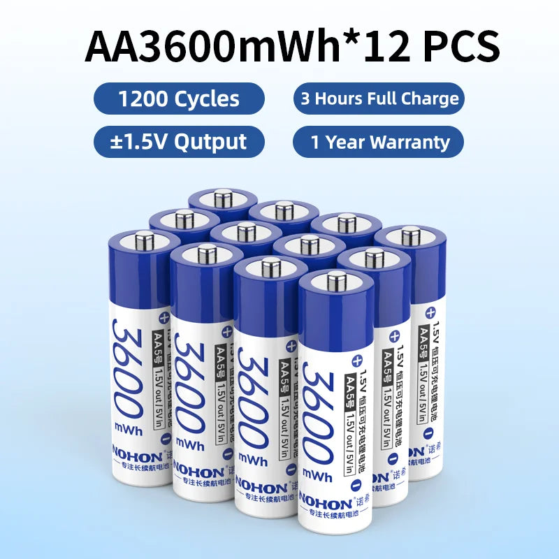 Baterías Recargables Nohon de 1.5V AA AAA de Litio para Computadora, Reloj, Radio, Videojuegos, Cámara Digital, Venta al por Mayor Disponible
