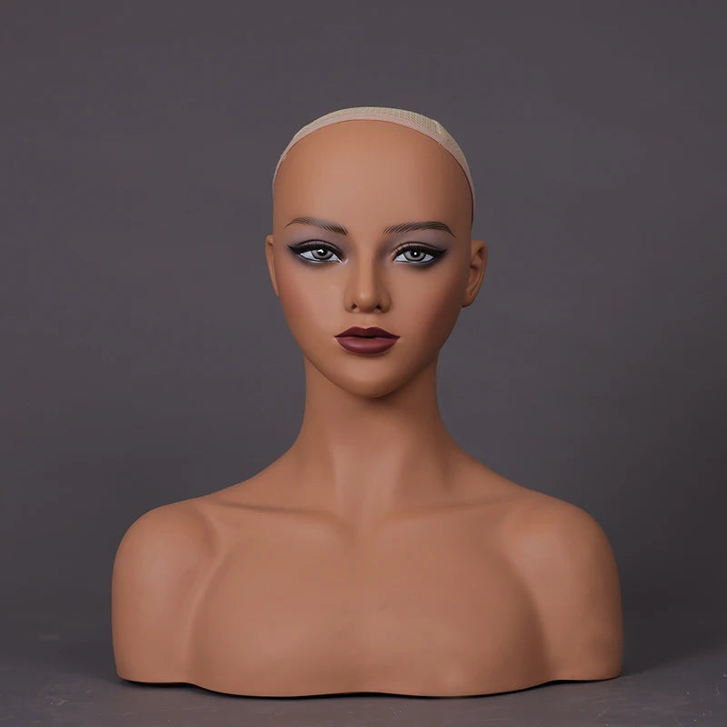 Cabeza de peluca femenina, maniquí de piel marrón claro, maquillaje realista, cabeza de maniquí, soporte para peluca, 1,8 kg/unidad, cabeza simulada de relleno de espuma para pelucas