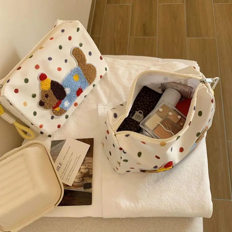 【SSummer10】Bolsa de cosméticos de gran capacidad con diseño de cachorro de dibujos animados, bolso de maquillaje portátil, almacenamiento de artículos de tocador de viaje para mujeres【SS】
