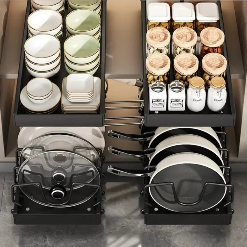 Organizador extraíble para gabinetes de cocina con rieles deslizantes, estante de almacenamiento ajustable para ollas, sartenes y platos