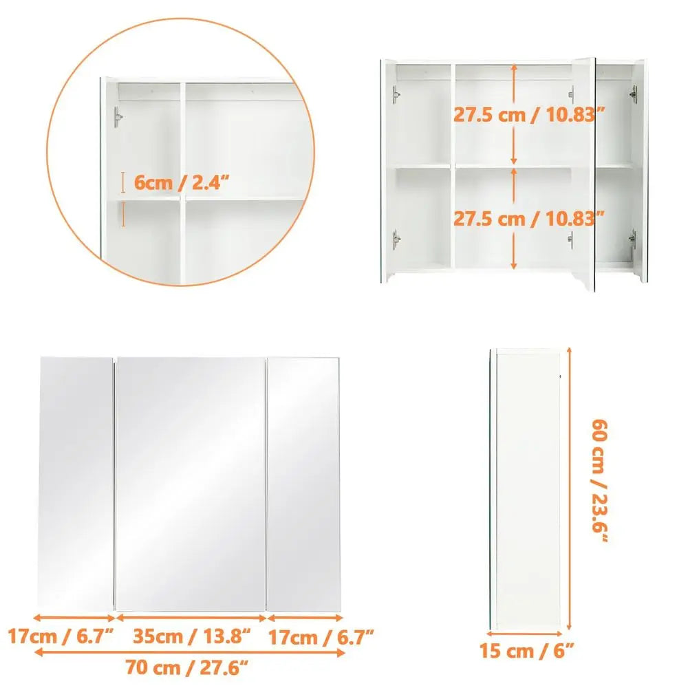 Armario de Pared con Espejo, Botiquín con Espejo, Altura Ajustable, Ajuste de Altura del Estante en 3 Niveles 70X15X60