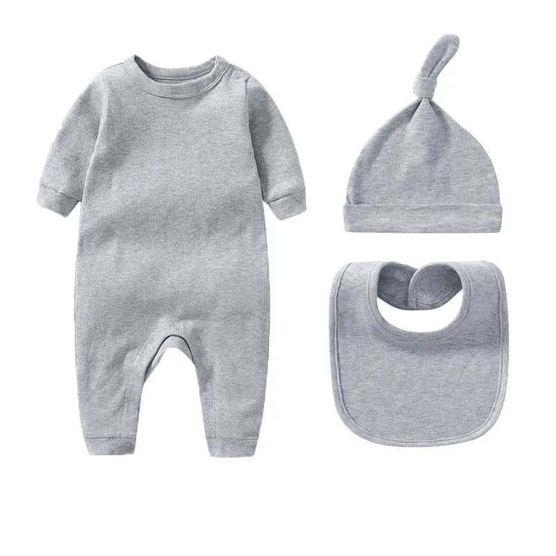 Conjuntos de 3 uds para bebé recién nacido, ropa para niño y niña de 0 a 3 meses, mono 100% de algodón, sombrero, babero, monos de manga larga de Color sólido, trajes infantiles