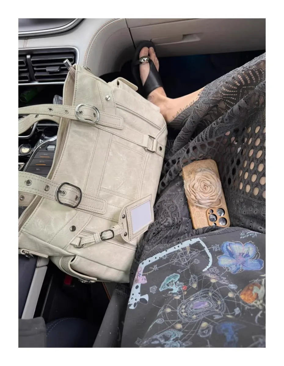Bolso de mano con tachuelas Vintage para chica, bolso de hombro de gran capacidad con textura de cuero para mujer, bolso cruzado de viaje de estética Y2k