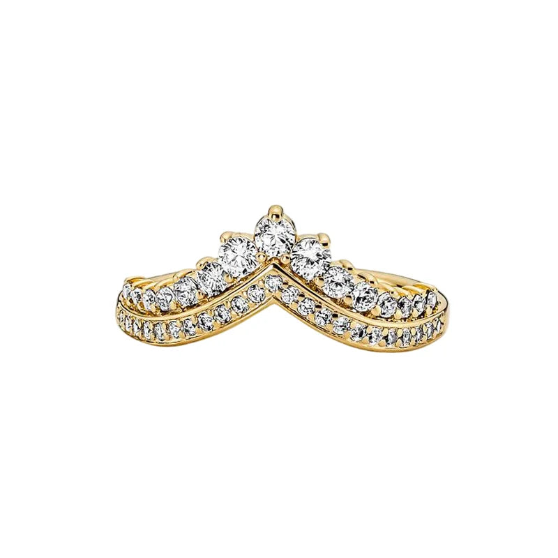 Anillo de Plata 925 con Corona y Corazón de Circonio Dorado para Mujer, Joyería Europea de Moda para Bodas y Fiestas, Regalo DIY