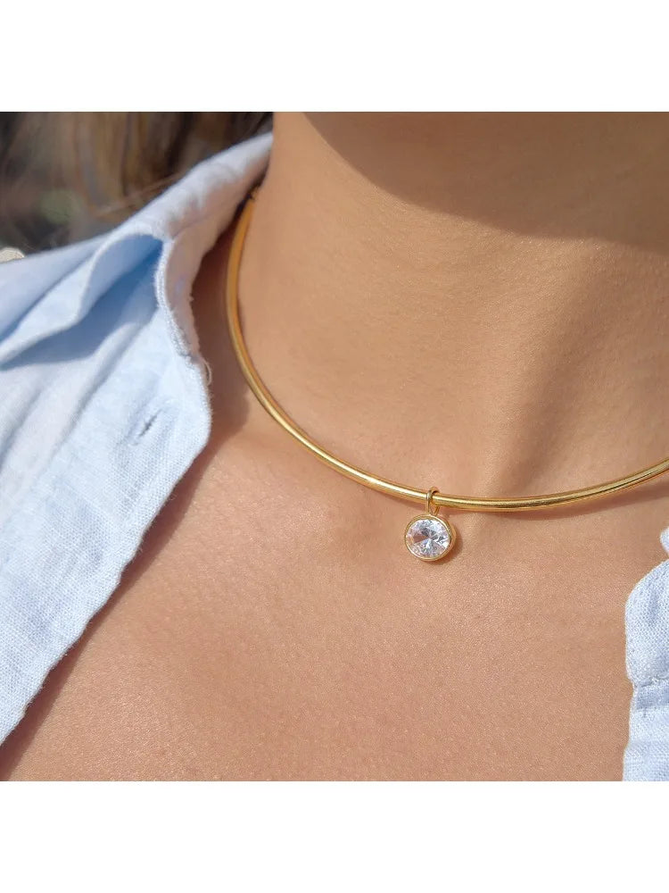 Collar con colgante geométrico de circonita para mujer, chapado en oro de 18 quilates, collar de acero inoxidable, joyería de moda, regalo.
