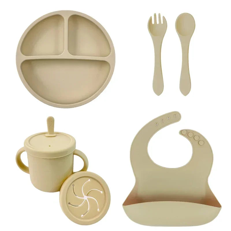Juego de alimentación de bebé de silicona sin BPA, cuenco con ventosa, plato de comedor, taza de paja, cuchara, tenedores para niños, vajilla para bebés, platos para niños