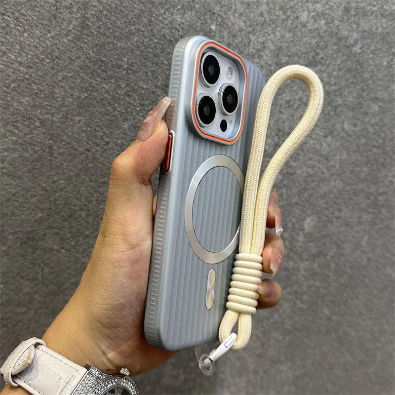 Funda Magnética Delgada Mate con Rayas para iPhone 16 15 ProMax 14 13 12 Pro Max 16 Plus, Antigolpes, Compatible con Magsafe, con Cordón