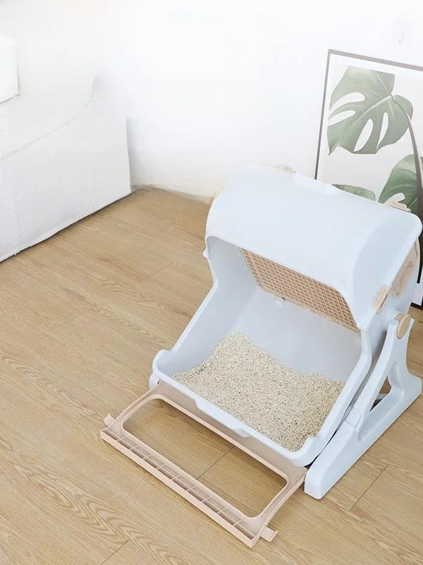 Caja de arena extra grande para gatos, semicerrada, sin arena, con limpieza automática, diseño portátil para gatos grandes, a...