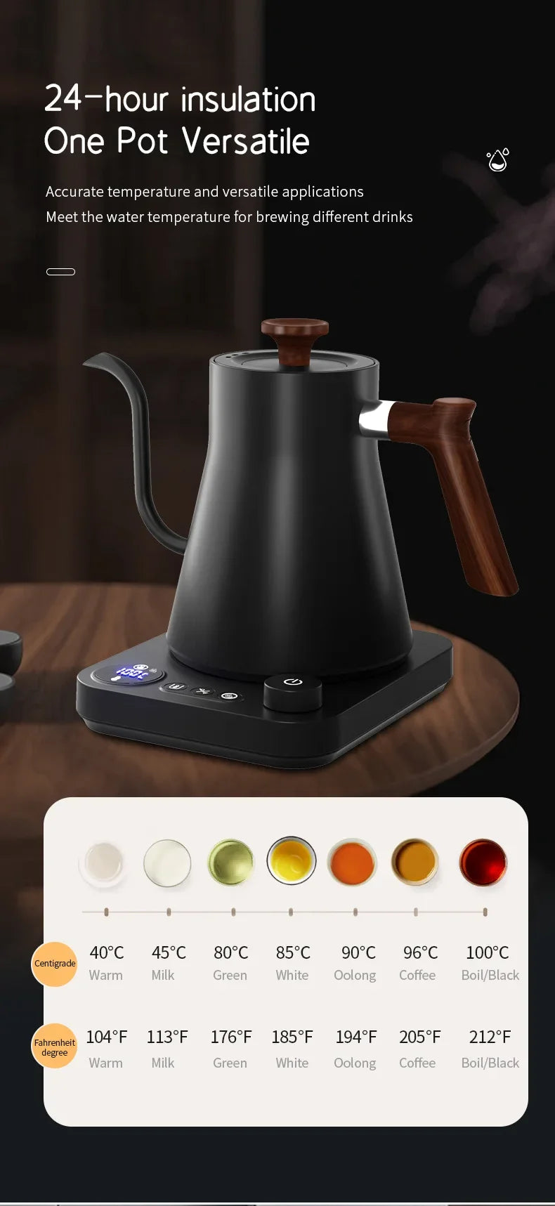 Tetera eléctrica con cuello de cisne, cafetera manual de 900ML, tetera inteligente con Control de temperatura, hervidor de calentamiento rápido de 110v/220v