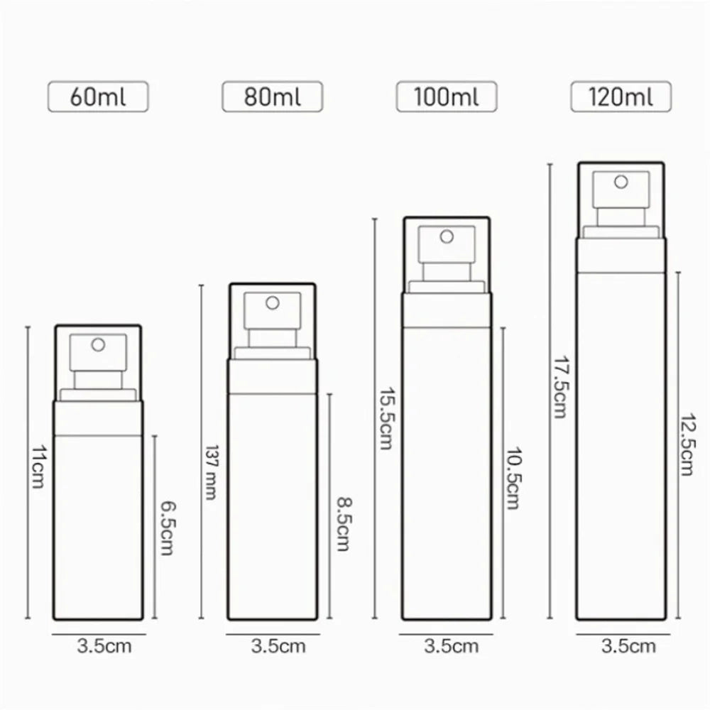 Botella de Spray de 60ml, 80ml, 100ml, 120ml, botella de niebla fina recargable, botella cosmética portátil, botella de loción Sub-embotellado