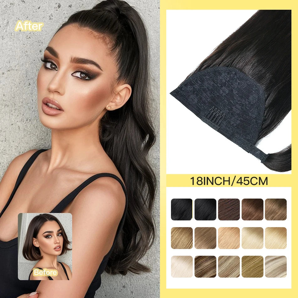 Cola de Caballo de cabello humano Yelo, Clip envolvente en pieza de cabello, extensión de cola de caballo, cabello humano liso con pasta mágica