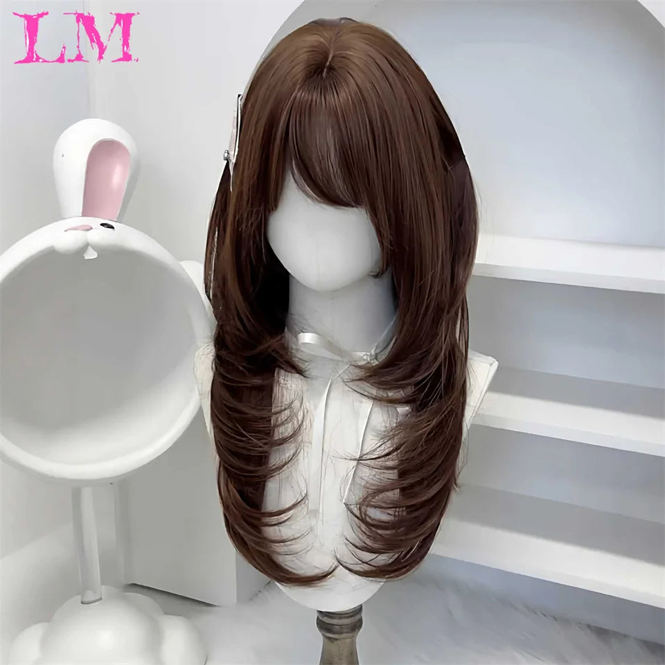 LM Rubio sintético Ombre mezclado rosa Rubio largo ondulado pelucas con flequillo Cosplay fiesta uso fibra resistente al calor para mujeres