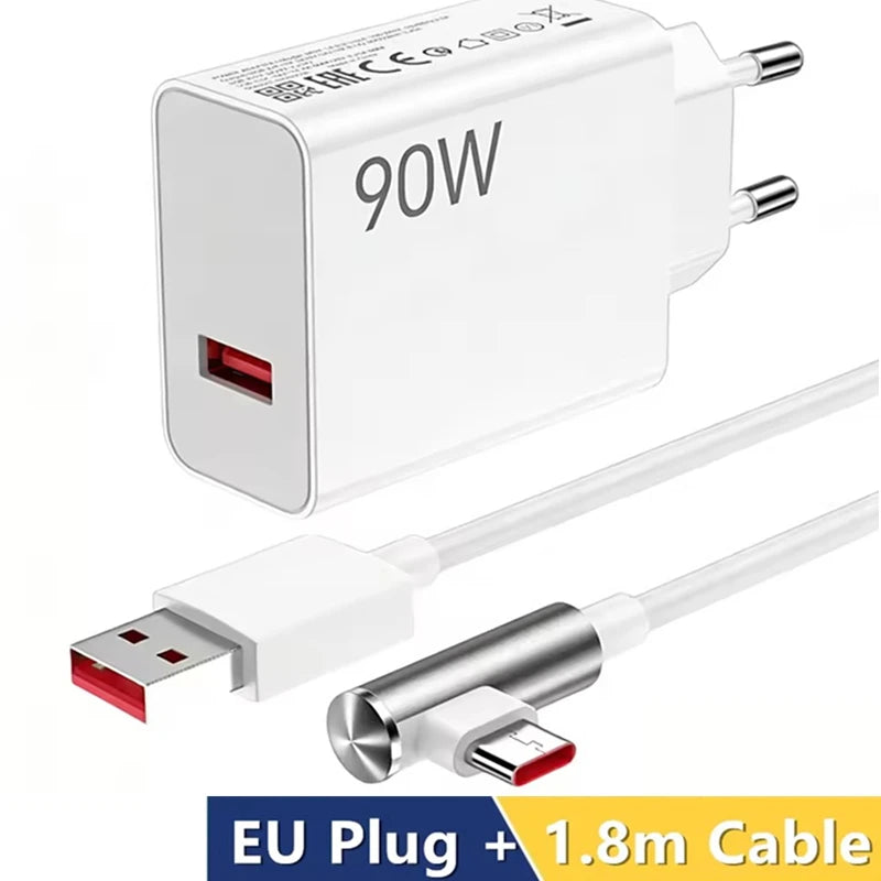 Cargador Rápido Turbo EU de 90W Máx. para Xiaomi 13 14 Ultra 15T Pro Redmi Note 14 15 Pro+ POCO F7 F8 X7 X8 con Cable USB Tipo-C en Ángulo