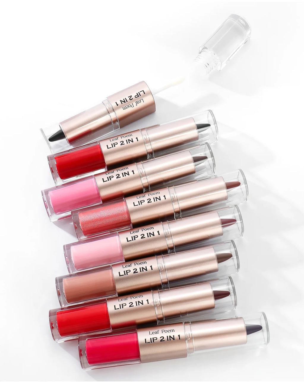 Delineador de labios cónico negro y marrón, lápiz de contorno, espejo de doble cabeza, brillo de labios de cristal, maquillaje de tinte de labios rojos sexis