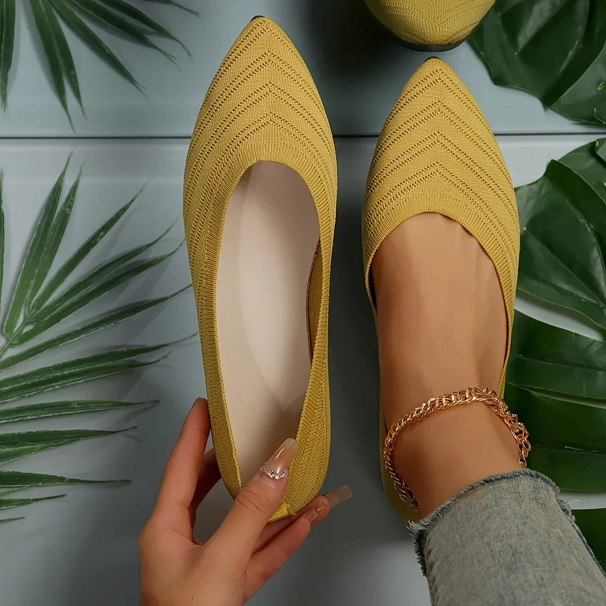 Zapatos planos con punta estrecha para mujer, zapatos sin cordones tejidos de Color sólido, bailarinas informales transpirables, zapatos planos para mujer, mocasines para mujer