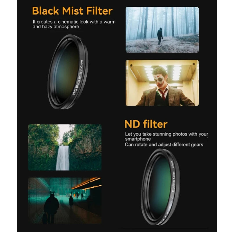 Juego de filtros de 67 mm Lente de teléfono Incluye filtro ND variable CPL Star Negro Suave con clip de metal para teléfonos inteligentes iPhone Teléfono móvil