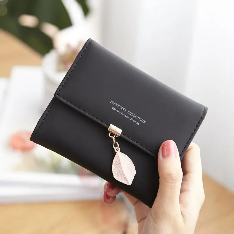 Cartera de mujer con bonita hoja de acordeón, Mini tarjetero, monedero corto a la moda, billetera Simple de color sólido, monedero delgado múltiple