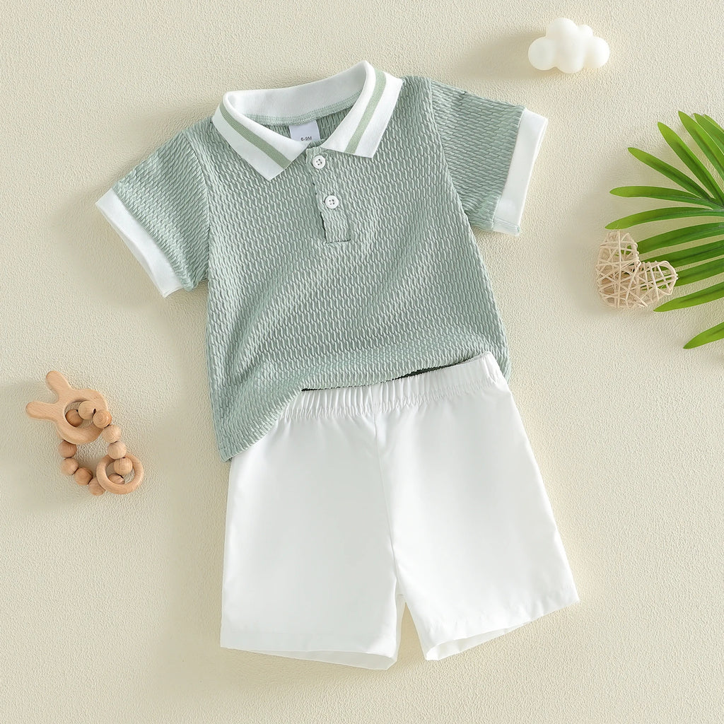 Conjunto de pantalones cortos para bebé niño, camisa de punto con cuello y manga corta y pantalones cortos, conjunto de verano de 2 piezas