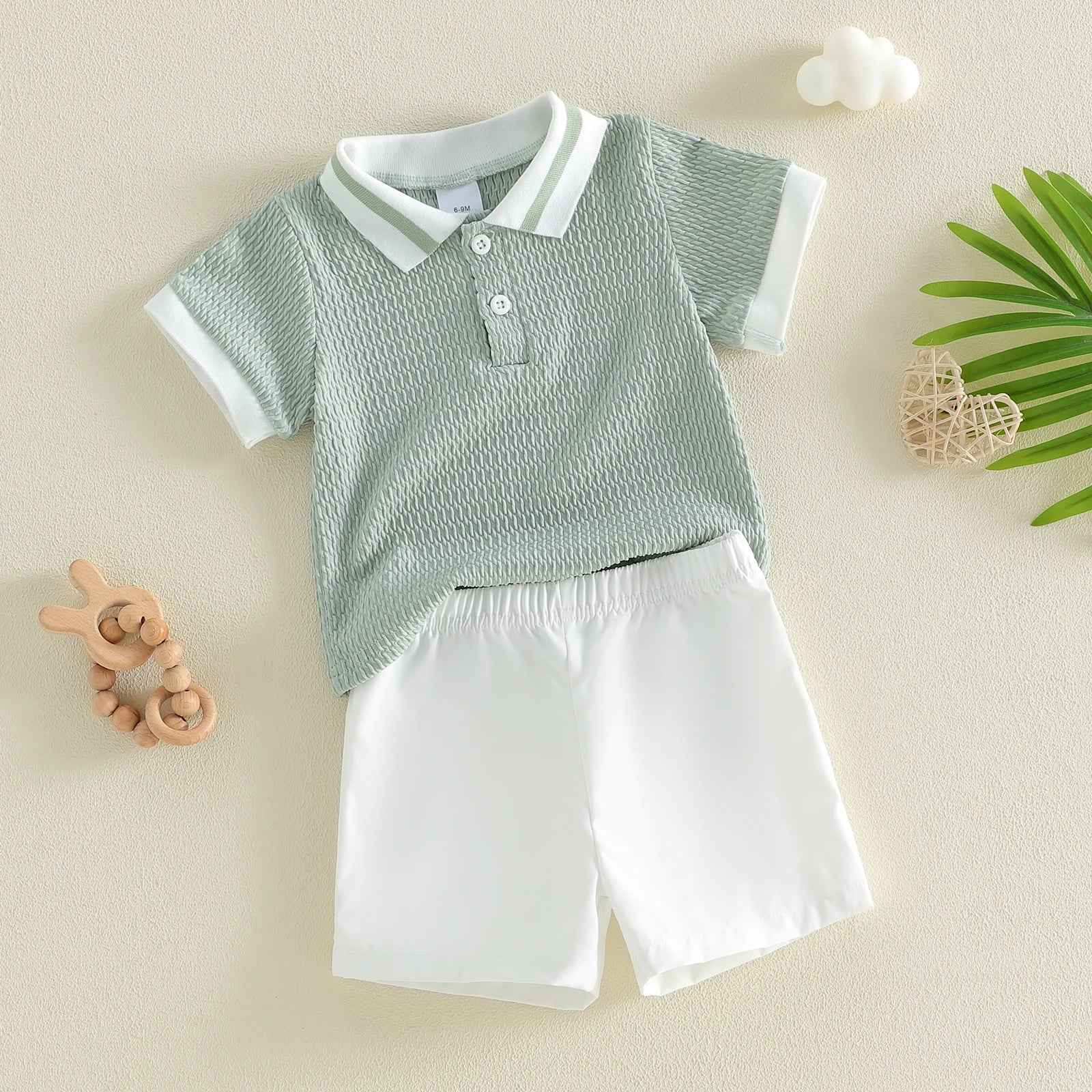 Conjunto de pantalones cortos para bebé niño, camisa de punto con cuello y manga corta y pantalones cortos, conjunto de verano de 2 piezas