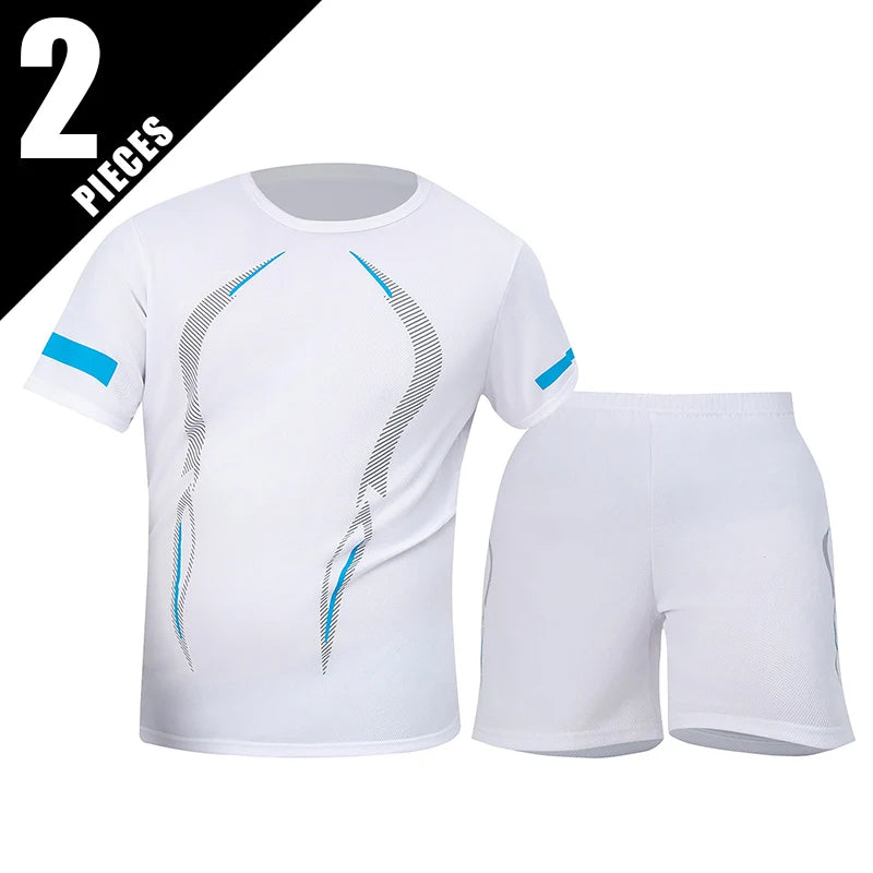 Conjunto de manga corta para hombre de las cuatro estaciones, camiseta estampada de secado rápido para deportes juveniles, Fitness, correr, cómodo e informal, 2 piezas