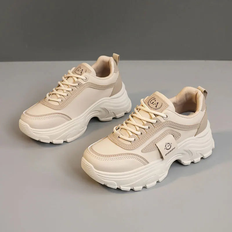 Zapatillas de deporte para mujer, zapatos de cuero con aumento de altura, zapatos informales con cordones a la moda, zapatos vulcanizados para exteriores, zapatos de plataforma de diseñador para mujer