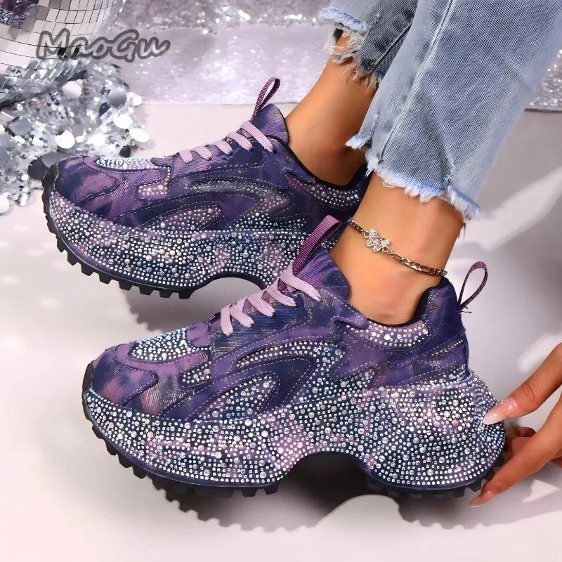 Zapatillas gruesas con diamantes de imitación para mujer, zapatos informales con cordones y suela gruesa, zapatos vulcanizados con plataforma vaquera de lujo para mujer 35-42