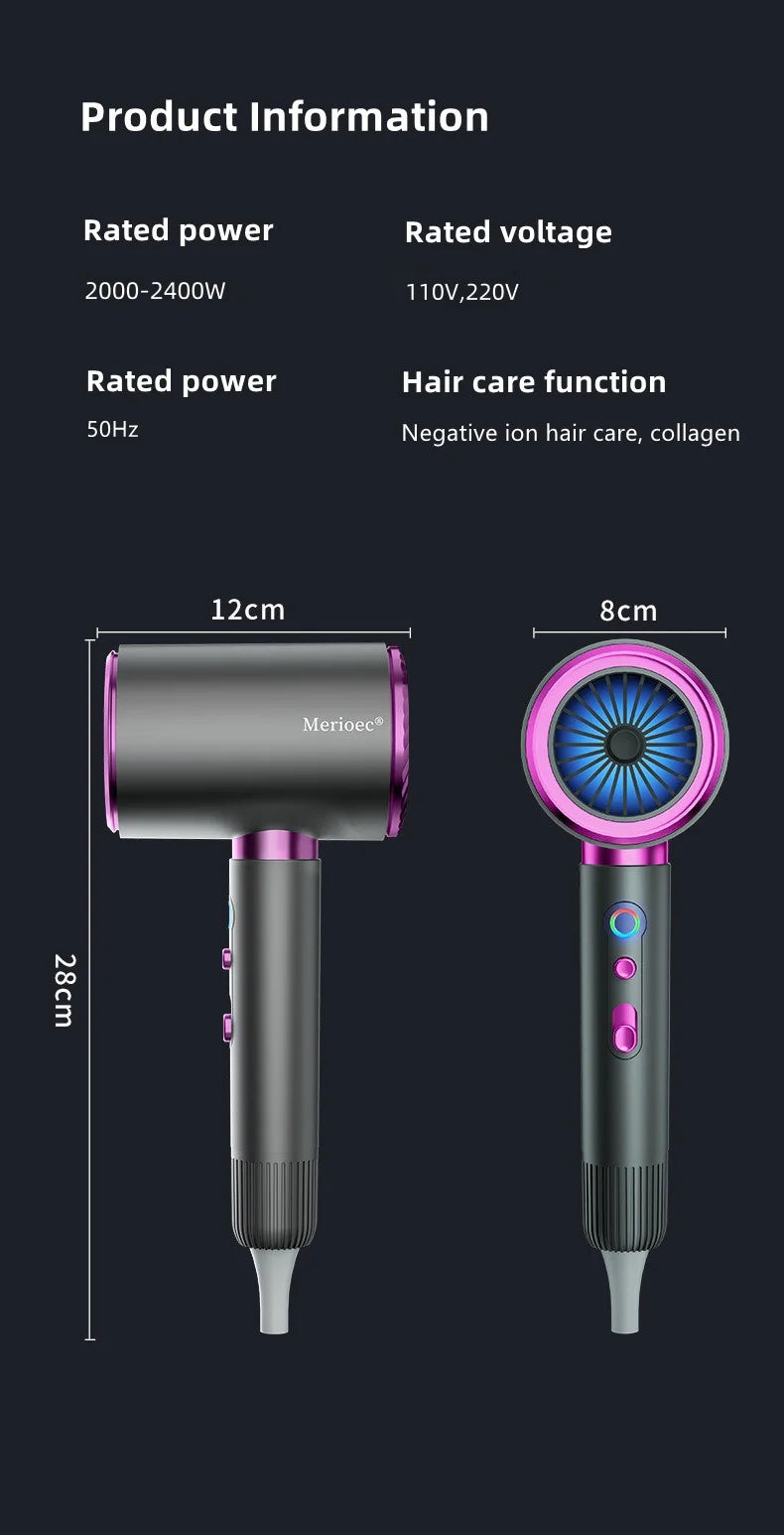 Secador de Pelo de Alta Velocidad 2026, 2400W de Alta Potencia, Iones Negativos Azules, Ultra Silencioso, para Salón de Belleza y Hogar, Enchufe US/EU/UK/AU