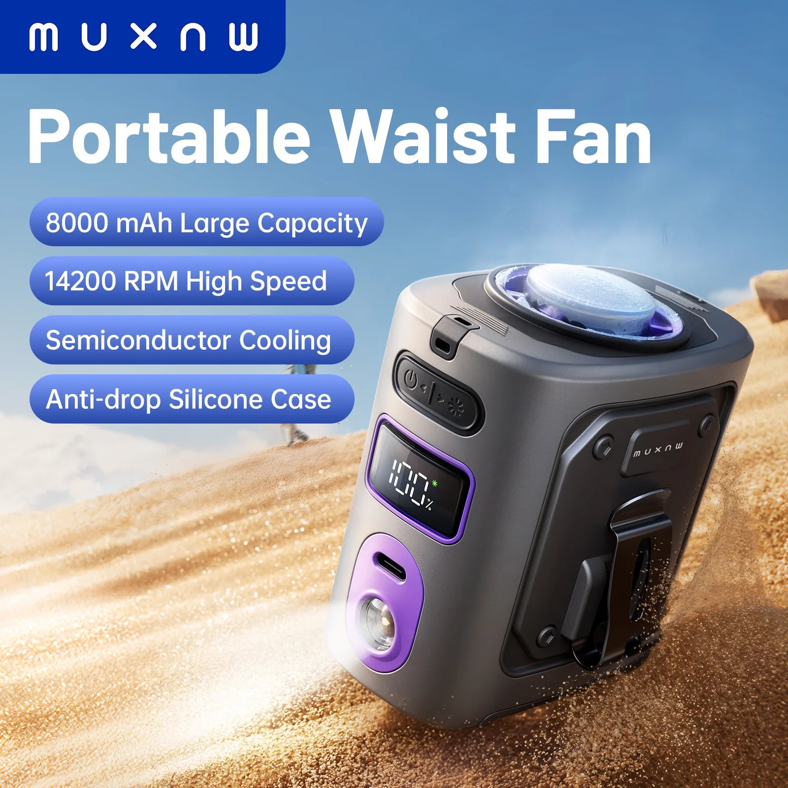 Ventilador de cintura portátil MUXNW 【protección contra caídas con funda de silicona】Ventilador de cintura con clip para usar en el cinturón debajo de la ropa, pantalones o cintura.