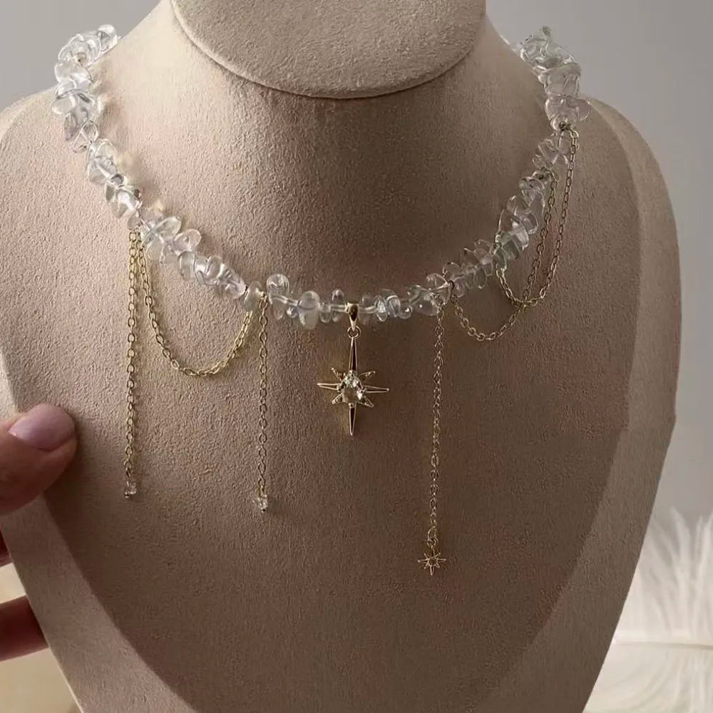 Collar con colgante de cadena con borlas a la moda para mujer, cadena de perlas de imitación y cristal transparente bohemio, joyería, regalo de San Valentín N0538