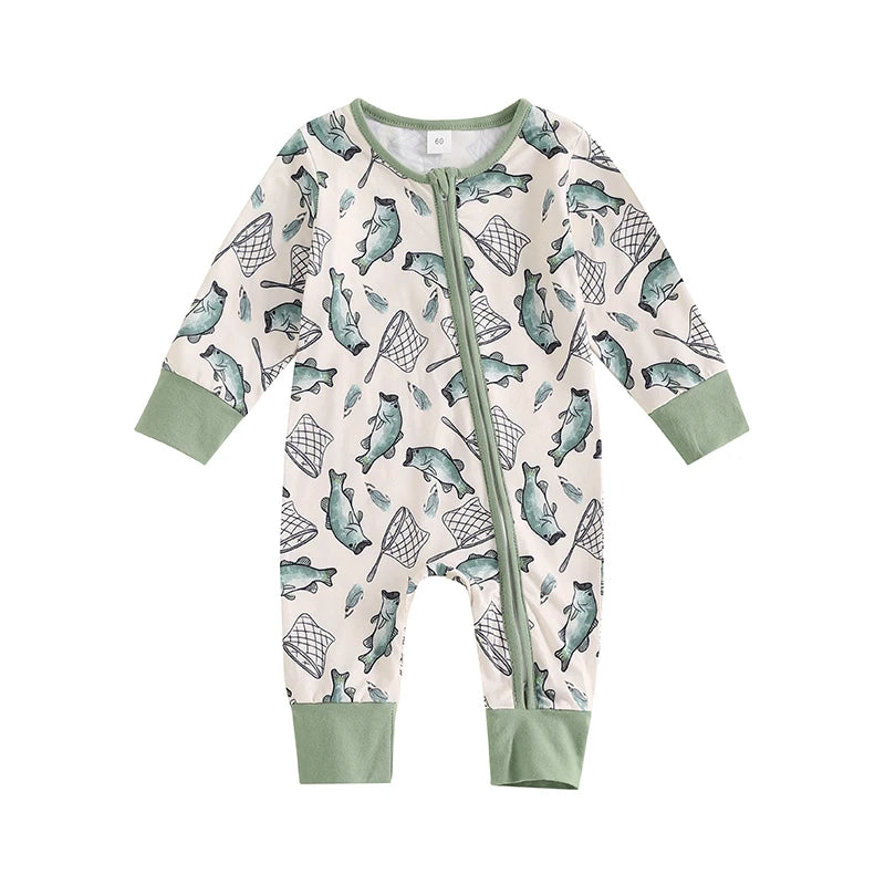 Lioraitiin-Pelele informal de manga larga para bebé, mono con cremallera oblicua, cuello redondo, estampado de peces, Otoño, 2024, 05-31