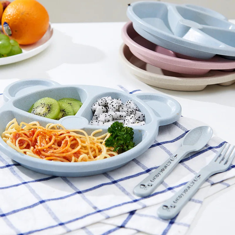3 unids/set vajilla de alimentación de comida para bebé tazón de oso de dibujos animados + cuchara + tenedor vajilla para comer platos para niños plato de comedor para niños