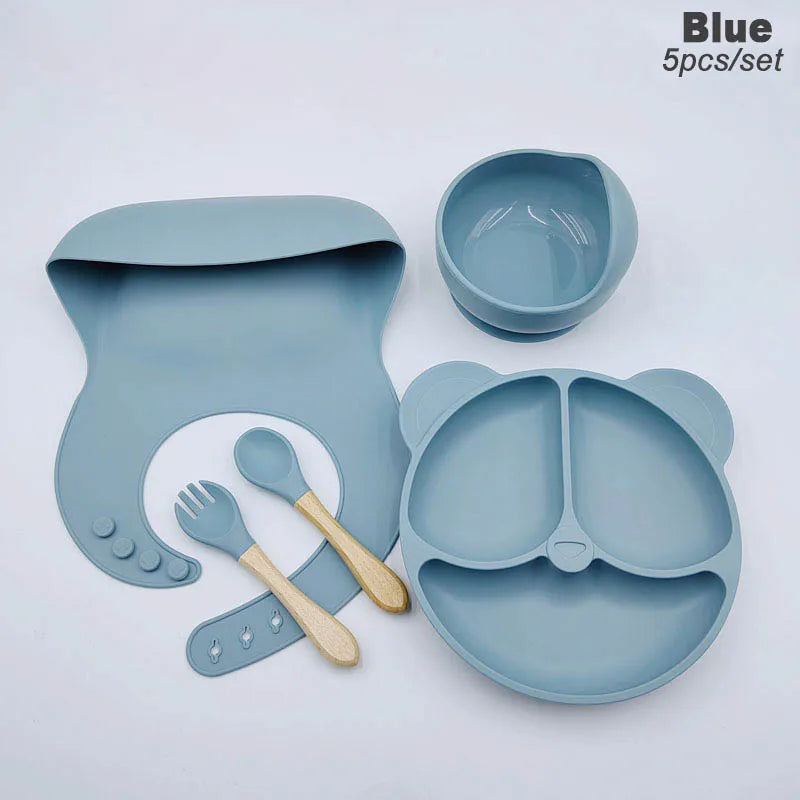 Vajilla de silicona para niños, juego de alimentación de bebé, plato de dibujos animados, nombre personalizado, taza con ventosa, plato, babero, regalo para recién nacido, 8 Uds./5 uds.