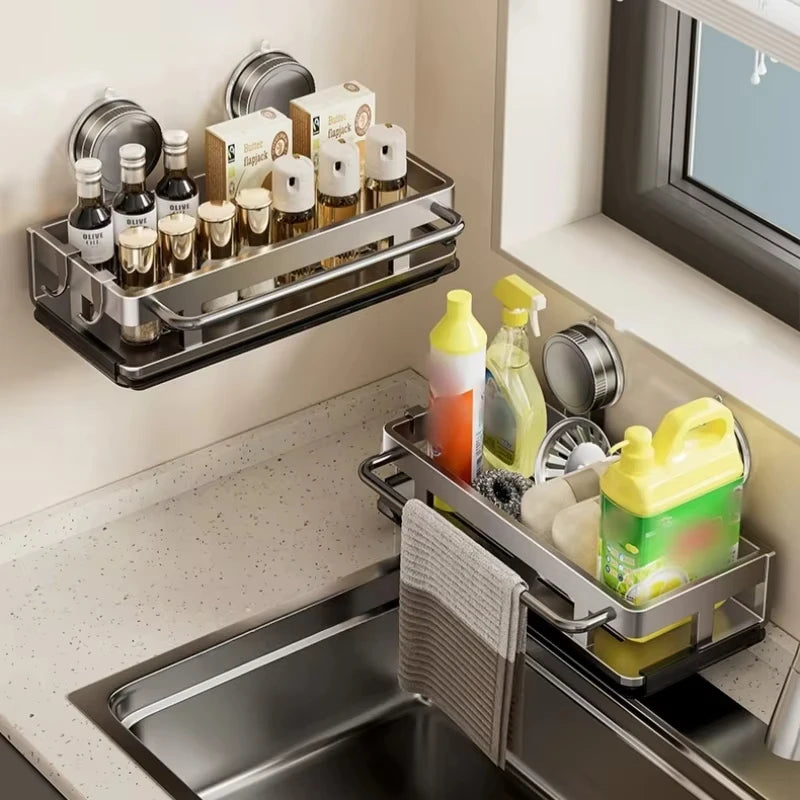 Estante de almacenamiento con ventosa, estante de almacenamiento montado en la pared sin perforaciones, ahorro de espacio, estante de almacenamiento para baño y cocina, soporte para esponja de cocina