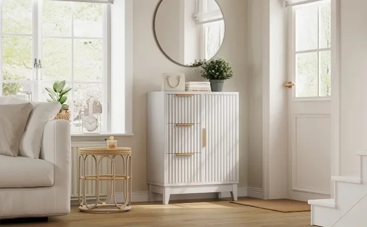 Organizador lateral de madera con 3 cajones y una puerta, con patas elevadas, para almacenamiento en el suelo, ideal para baño, ducha, dormitorio o armario del hogar.