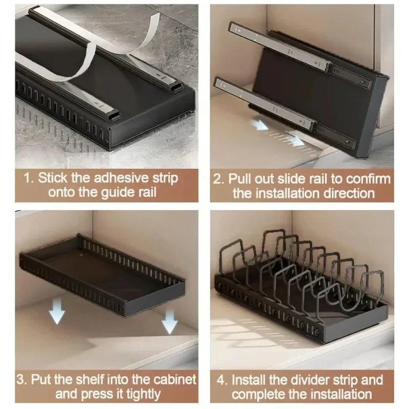 Organizador extraíble para gabinetes de cocina con rieles deslizantes, estante de almacenamiento ajustable para ollas, sartenes y platos