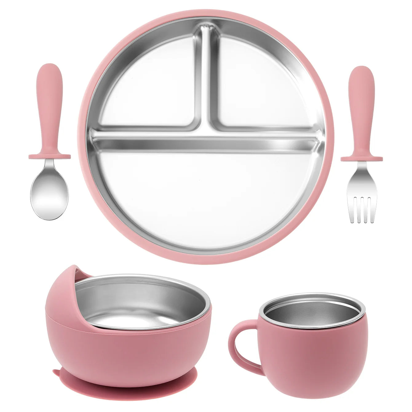Juego de alimentación de bebé con plato de platos de acero inoxidable, cuenco con ventosa de silicona desmontable, sin BPA, tenedor infantil, cuchara, regalos, 5 uds.