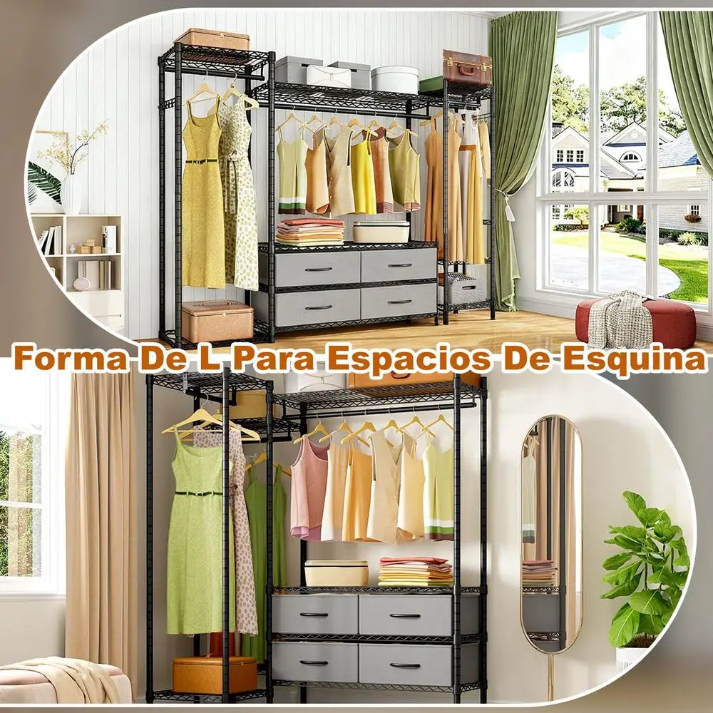 Armario Armable para Ropa con 3 Barras para Colgar, 6 Estantes, 2 Ganchos y 4 Cajones para Guardar Ropa, 144 x 37 x 180 cm, Rack para Ropa